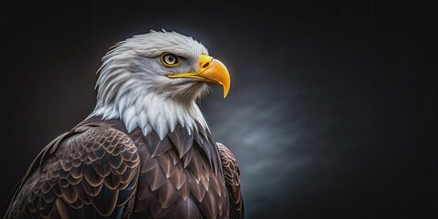 Bald eagle perched majestically on a dark background, eagle, bird, wildlife, predator, symbol, United States, majestic