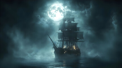 A ghostly ship sails through mist under a full moon, creating a mysterious atmosphere.