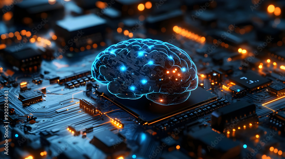 Poster a digital brain on a circuit board, symbolizing artificial intelligence and technology.