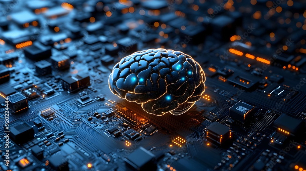 Poster a digital brain on a circuit board, symbolizing artificial intelligence and technology.