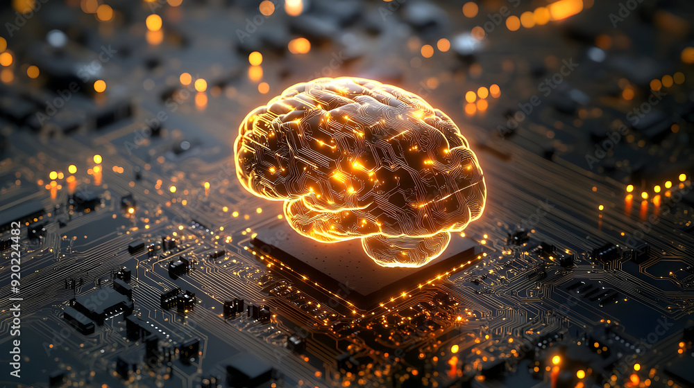 Poster a glowing brain on a circuit board, symbolizing the intersection of technology and intelligence.