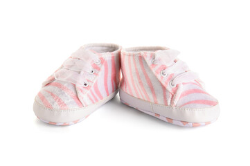 Stylish pink baby shoes isolated on white background
