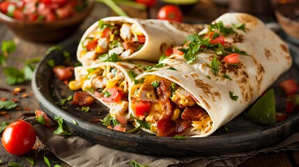 Chicken bacon wraps with tomatoes, lettuce and cheese. Tortilla, burritos, sandwiches twisted rolls.