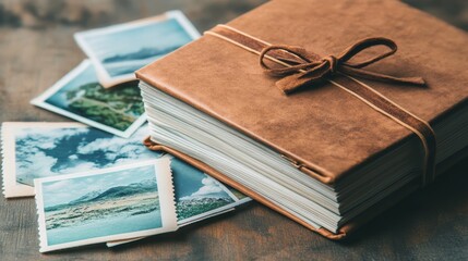 Leather-bound album with pages of detailed journal entries, colorful postcards, and candid travel photos, telling a story of exploration