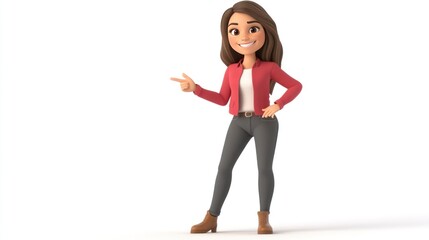 Smiling cartoon woman in red jacket and grey jeans points to the left.