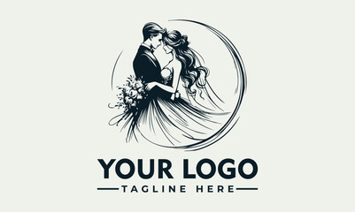 Bride and groom embracing, wedding dress flowing vector logo Bride and groom hugging, bridal gown in motion. Suitable for wedding invitations, bridal magazines, romantic themed designs.