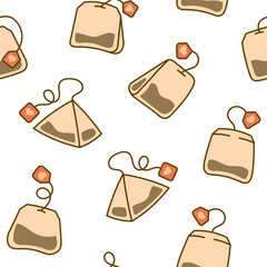 Bag of tea. Seamless pattern. Breakfast. Hand drawn style. Vector drawing. Design ornaments.
