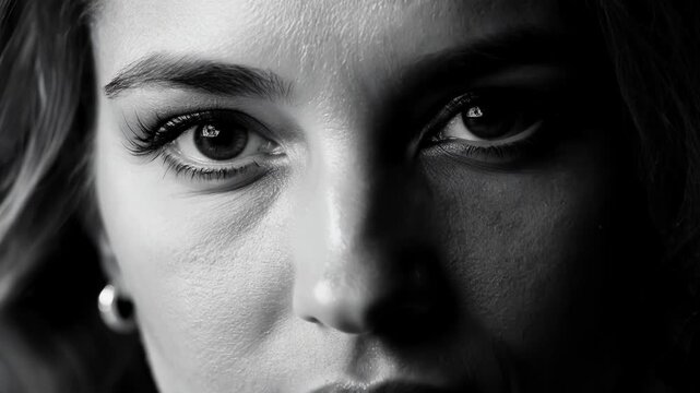 Striking black and white close up portrait of a young woman with intense eyes, exuding confidence and allure