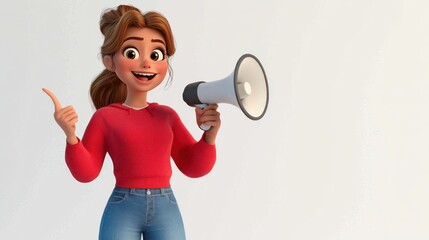 A cartoon woman with brown hair and a red hoodie holds a megaphone in one hand and points her other finger to the side, smiling cheerfully.
