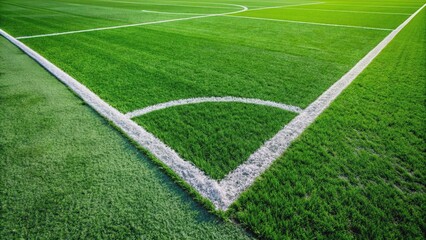 Obraz premium Corner of a soccer field with white marks and green grass , soccer, sport, grass, game, competition, field, corner, boundary