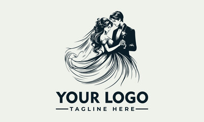 Bride and groom embracing, wedding dress flowing vector logo Bride and groom hugging, bridal gown in motion. Suitable for wedding invitations, bridal magazines, romantic themed designs.