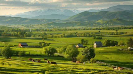 Fototapeta premium Enjoy a panoramic view of a serene valley, where fields of green stretch out, dotted with quaint farmhouses and grazing animals.