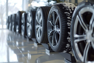 Fototapeta premium Set of tires for different seasons displayed in a showroom