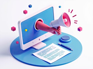 Digital Marketing and Communication via Megaphone and Computer Monitor
