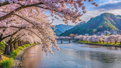 Cherry blossom trees lining the Nishiki River bank during the Kintai Bridge Sakura festival in Iwakuni