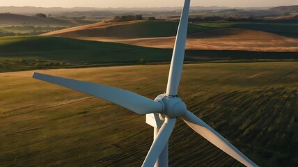 High-resolution landscape photograph featuring a single wind turbine standing prominently in the center of a vast, open field. 