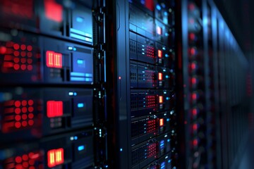 This is a detailed closeup view of a contemporary server rack that prominently showcases its colorful LED indicators