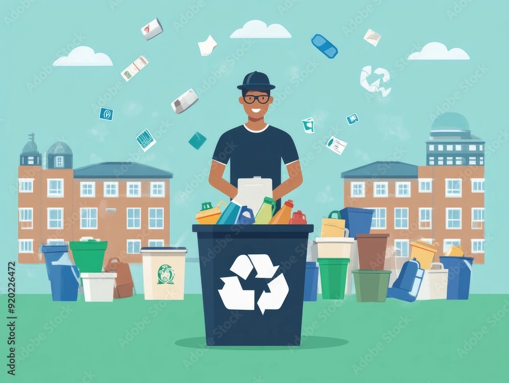 Poster flat design depicting a university wide recycling program and campus wide sustainability initiative 
