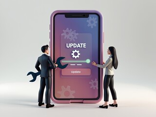 Two Professionals Collaborating to Update Mobile Device Software with Gears Icon