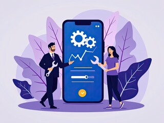 Two Professionals Troubleshooting and Optimizing a Mobile App for Enhanced Productivity