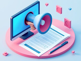 Digital Marketing and Advertising Promotion via Megaphone and Document on Pink Podium