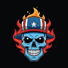 skull with American flag and fire vector art illustration logo design 