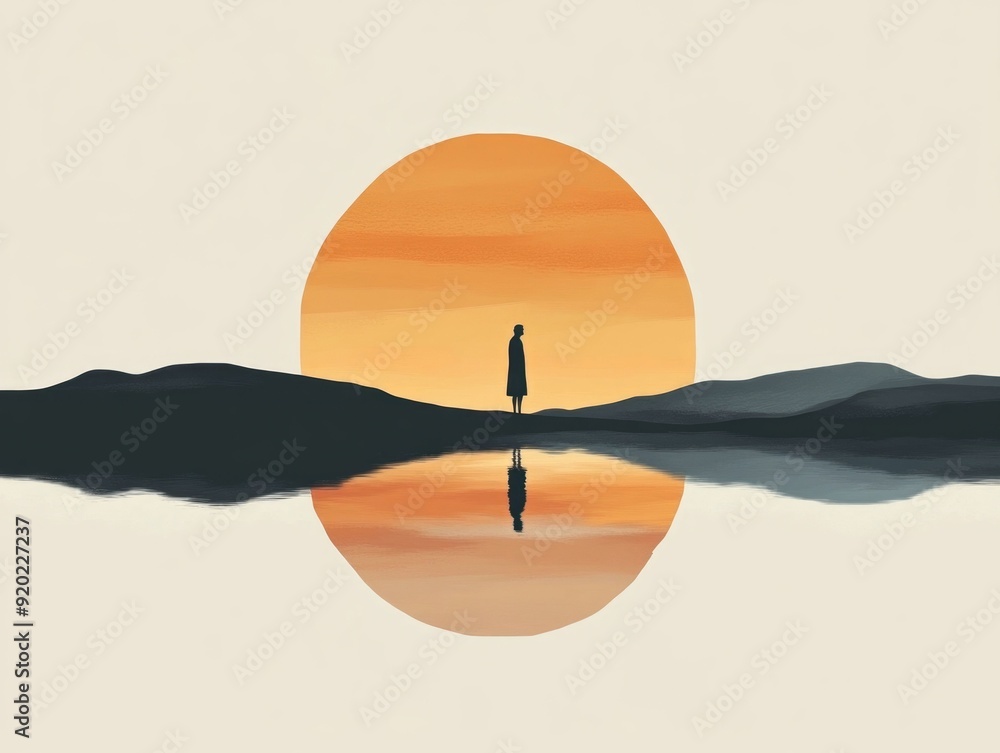 Poster serene abstract art in a minimalist flat design style evoking a sense of quiet reflection and contem