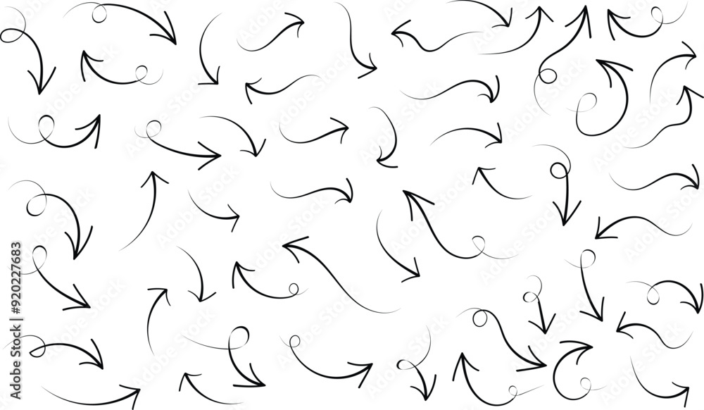Poster set of simple hand drawn arrow symbol. different curved flat arrow icon vector illustration.