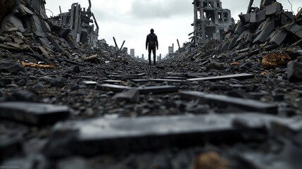 A lone survivor standing amidst the ruins of a collapsed city, symbolizing resilience in the face of catastrophic calamity