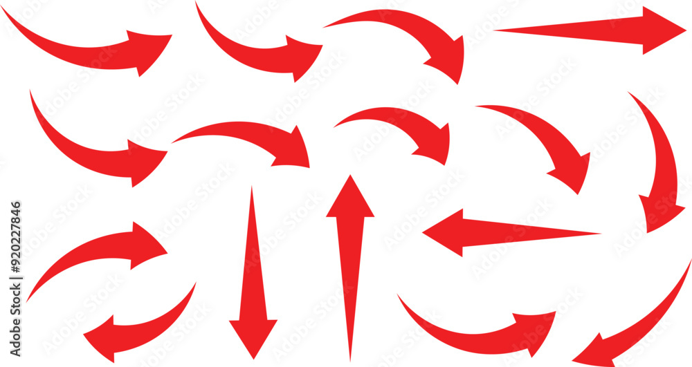 Poster set of hand drawn red arrow symbol. simple curve red arrow icon vector illustration.