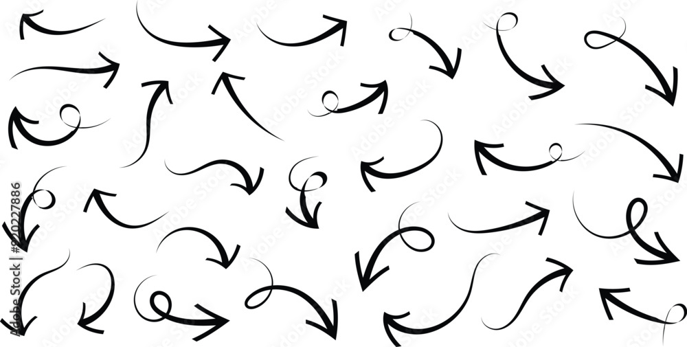 Poster set of hand drawn flat arrow symbol. simple curve arrow icon vector illustration.