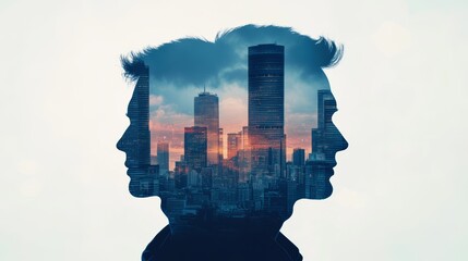 A creative double exposure of profiles merged with a city skyline at sunset, symbolizing connection and urban life.