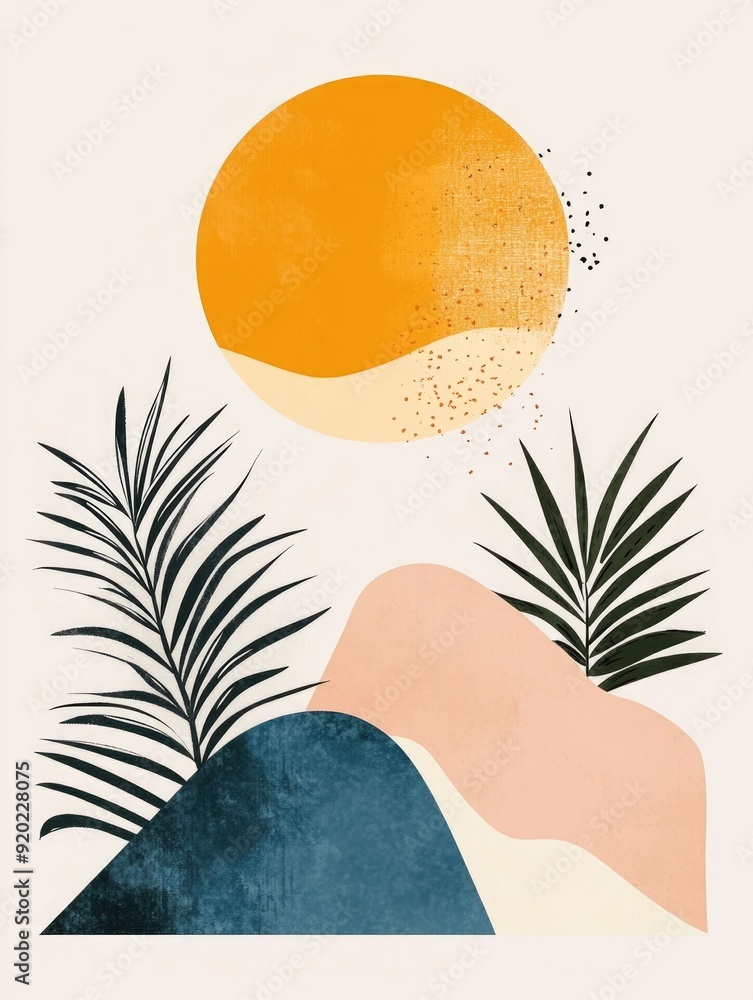 Poster tranquil and serene minimalist abstract art composition with geometric shapes and patterns in a flat