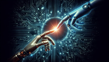 Fototapeta premium Hands of robots and humans touching on a big data network connection background, representing science, artificial intelligence, and machine learning technology, innovation, and the future