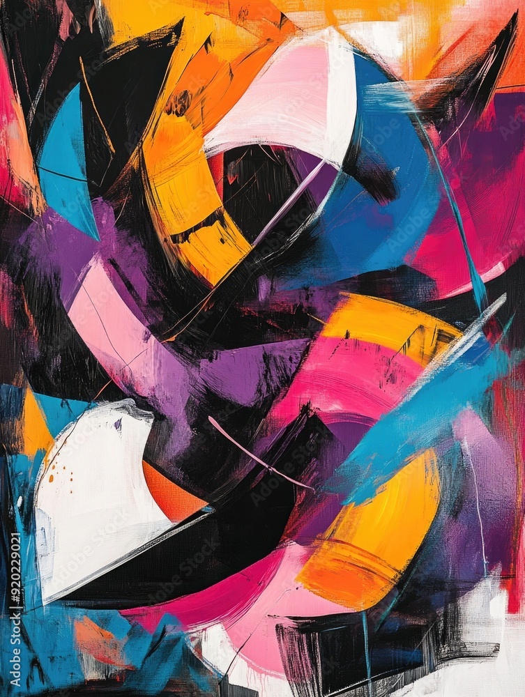 Poster vibrant and expressive abstract art piece featuring a dynamic composition of colorful geometric shap