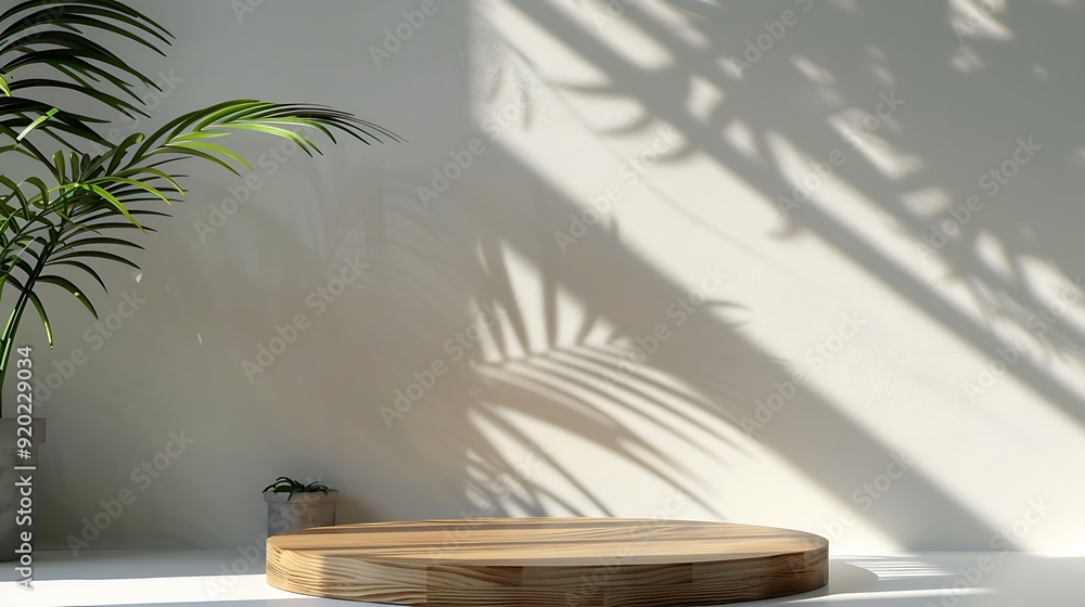 Poster minimalistic product display with wooden platform
