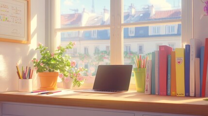 A desk by a window with a laptop, pencils, flowers, and books.