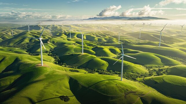 Aerial view of wind turbines on rolling green hills with a blue sky and white clouds.