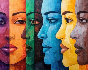 Vibrant mural showcasing diverse faces in bold colors, celebrating cultural identity and artistic expression.