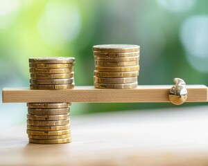 A balanced scale with stacked coins representing financial stability and wealth comparison.