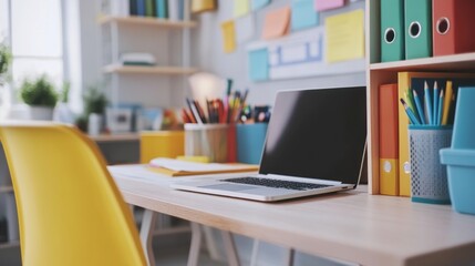 Naklejka premium Laptop on Desk with Colorful Supplies.
