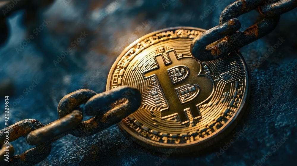 Poster a close-up of a bitcoin coin surrounded by a metallic chain, symbolizing security and the digital cu