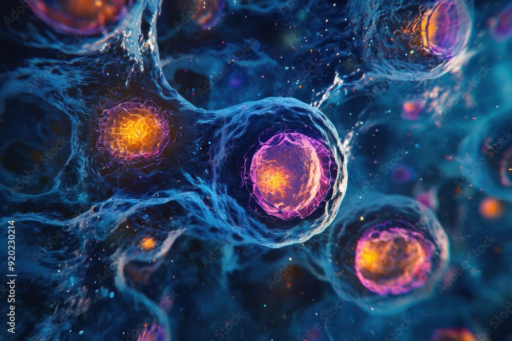 Poster a close-up view of vibrant biological cells illuminated by soft colors, showcasing the intricate det