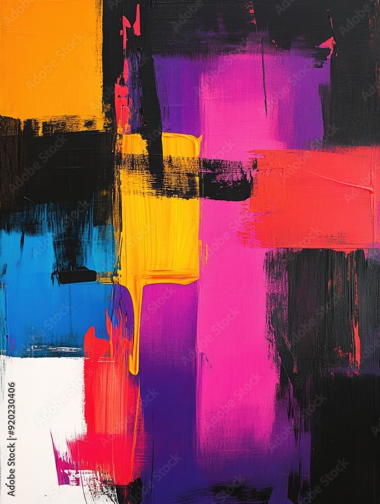 Poster vibrant abstract art composition with bold intersecting lines and dynamic color blocks in a contempo