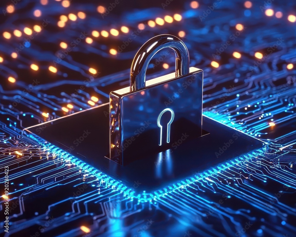 Poster a digital padlock sits on a circuit board, symbolizing security and protection in the realm of techn