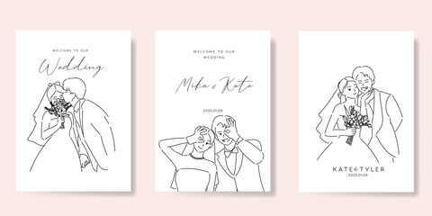 Elegant wedding invitation card background vector. Minimal hand drawn bride and groom in black line art. Design for wedding, vip cover template, rsvp modern card, poster.