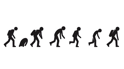 A sequence illustrating the evolution of human-like figures with backpacks.