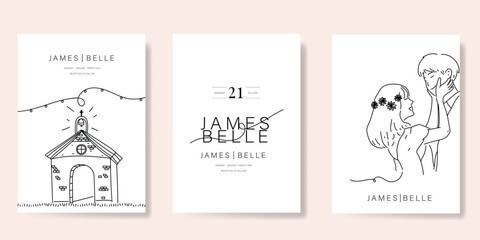 Elegant wedding invitation card background vector. Minimal hand drawn bride,  groom and church in black line art. Design for wedding, vip cover template, rsvp modern card, poster.