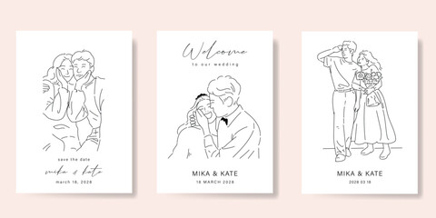 Elegant wedding invitation card background vector. Minimal hand drawn bride and groom in black line art. Design for wedding, vip cover template, rsvp modern card, poster.