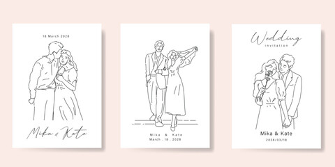 Elegant wedding invitation card background vector. Minimal hand drawn bride and groom in black line art. Design for wedding, vip cover template, rsvp modern card, poster.